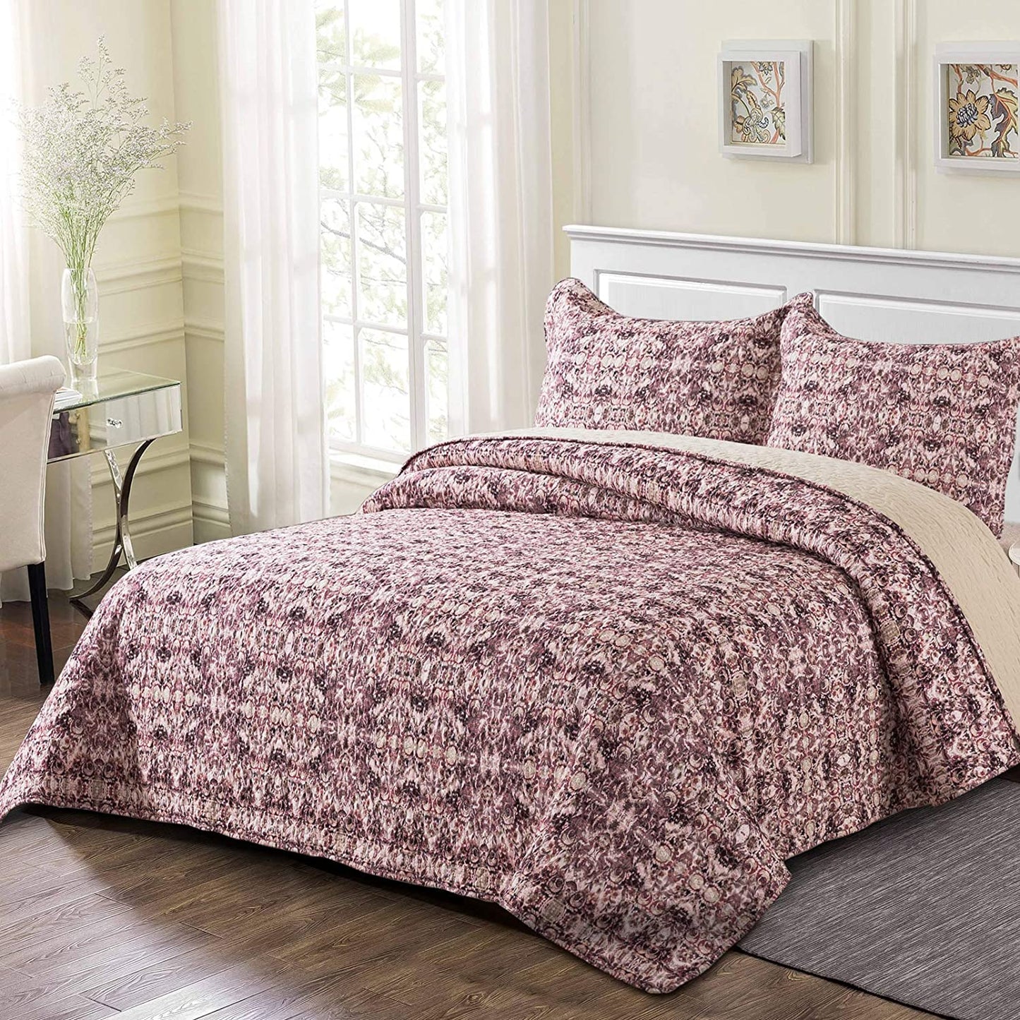 Microfiber Quilt Bedspread Sets-Ancient Bed-in-A-Bag Pattern Reversible Coverlet Set,Queen Size
