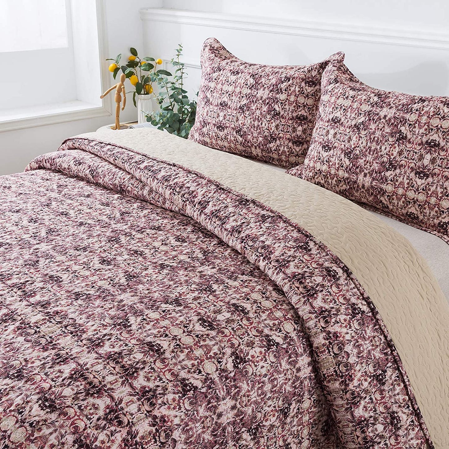 Microfiber Quilt Bedspread Sets-Ancient Bed-in-A-Bag Pattern Reversible Coverlet Set,Queen Size