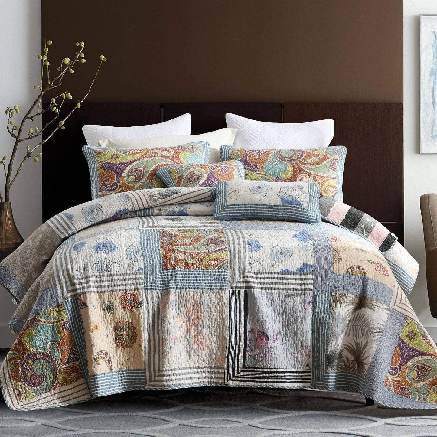 Cotton Bedspread Quilt Set with Real Stitched Embroidery, Classic Floral Pattern,Queen/King Size