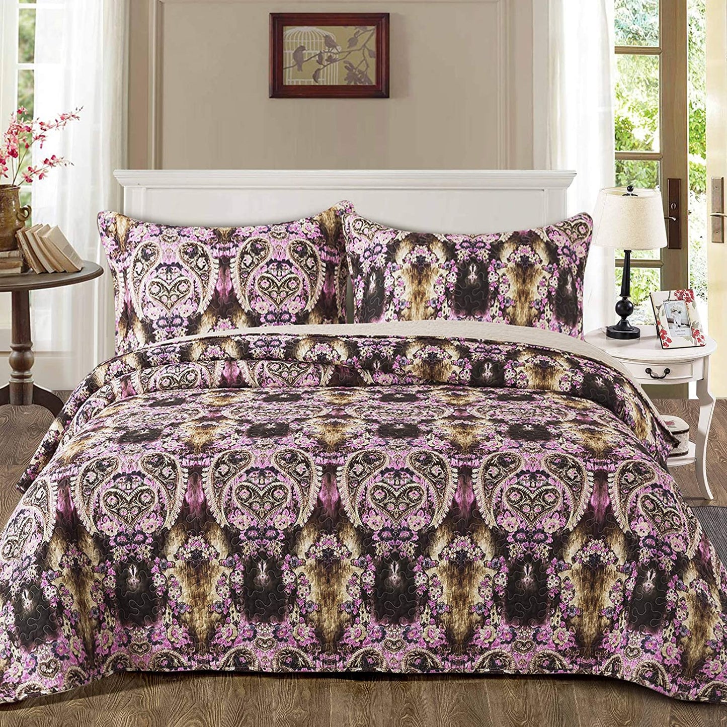 Microfiber Quilt Bedspread Sets-Flower Floral Forest Pattern Reversible Coverlet Set,Queen Size