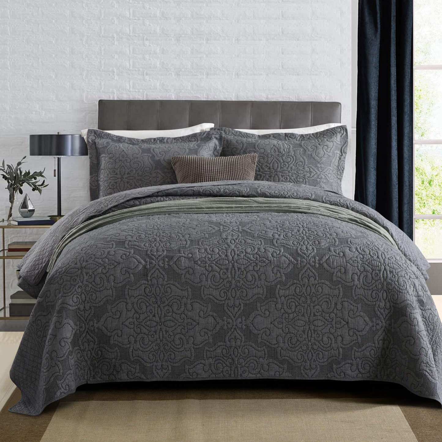 Microfiber Reversible Quilt, Sham in Grey Embossed Pattern