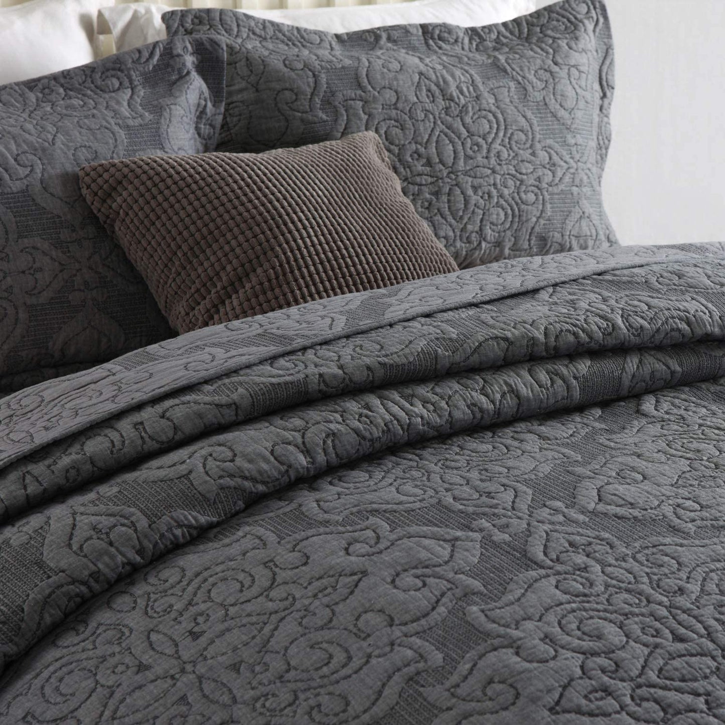 Microfiber Reversible Quilt, Sham in Grey Embossed Pattern