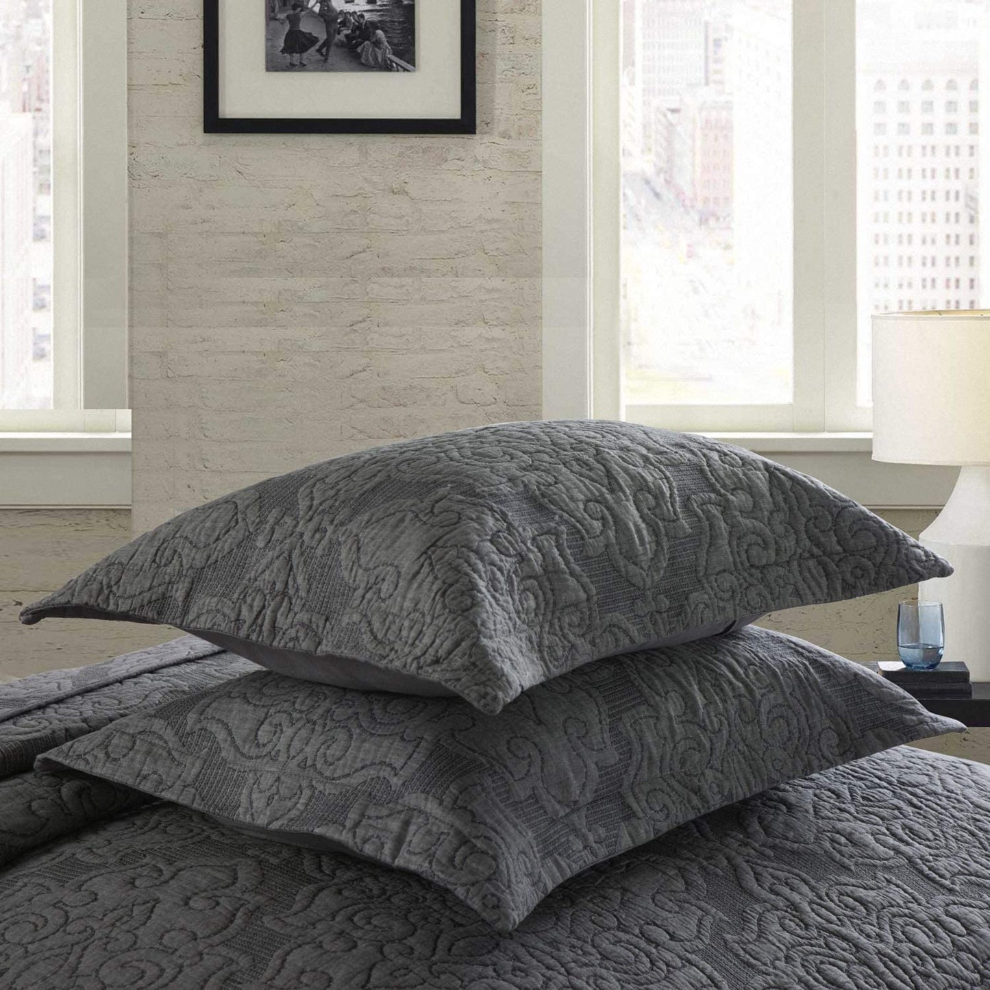 Microfiber Reversible Quilt, Sham in Grey Embossed Pattern