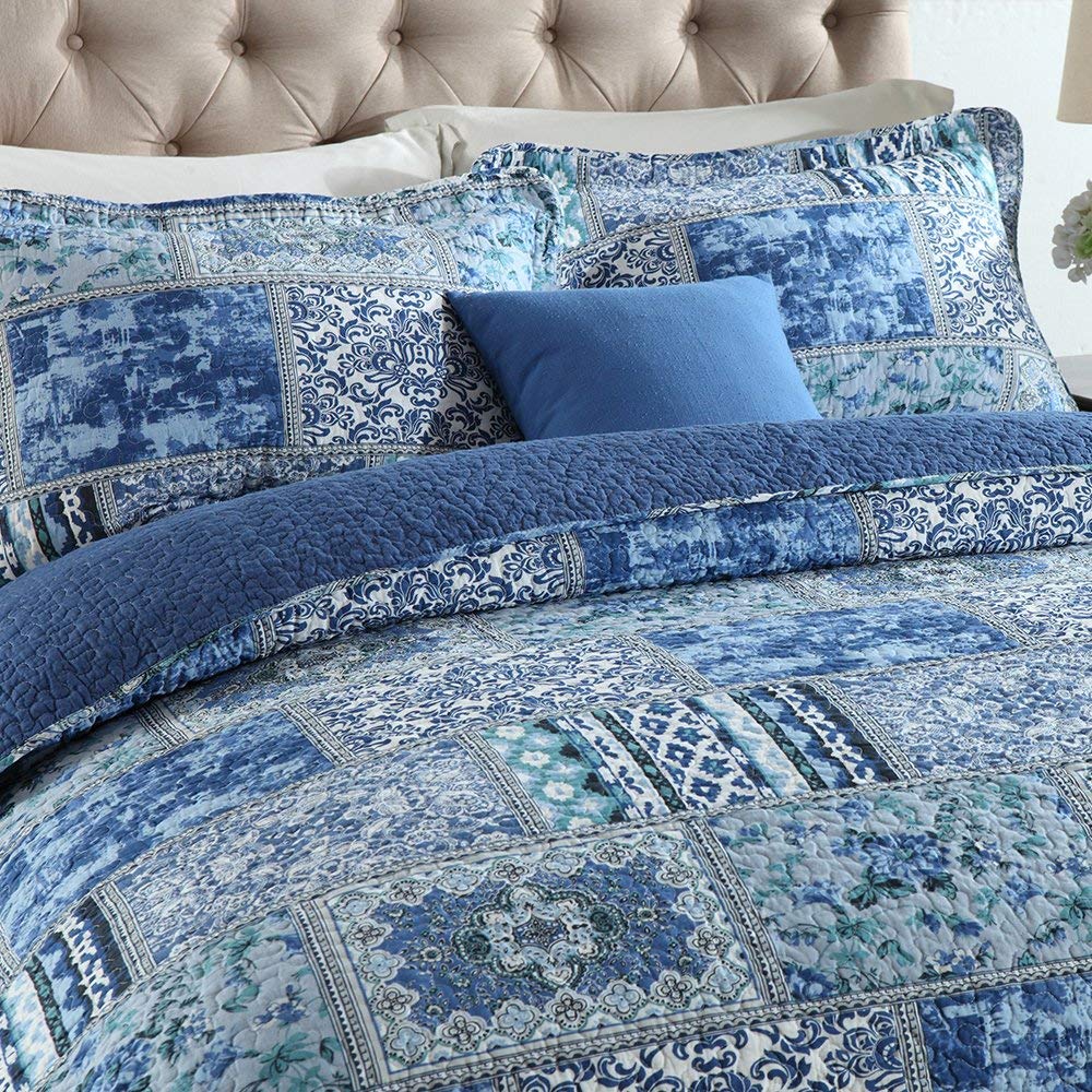 100% Cotton Bedspread Quilt Sets-Reversible Patchwork Coverlet Set in Blue Classic Bohemian Pattern - newlakedown