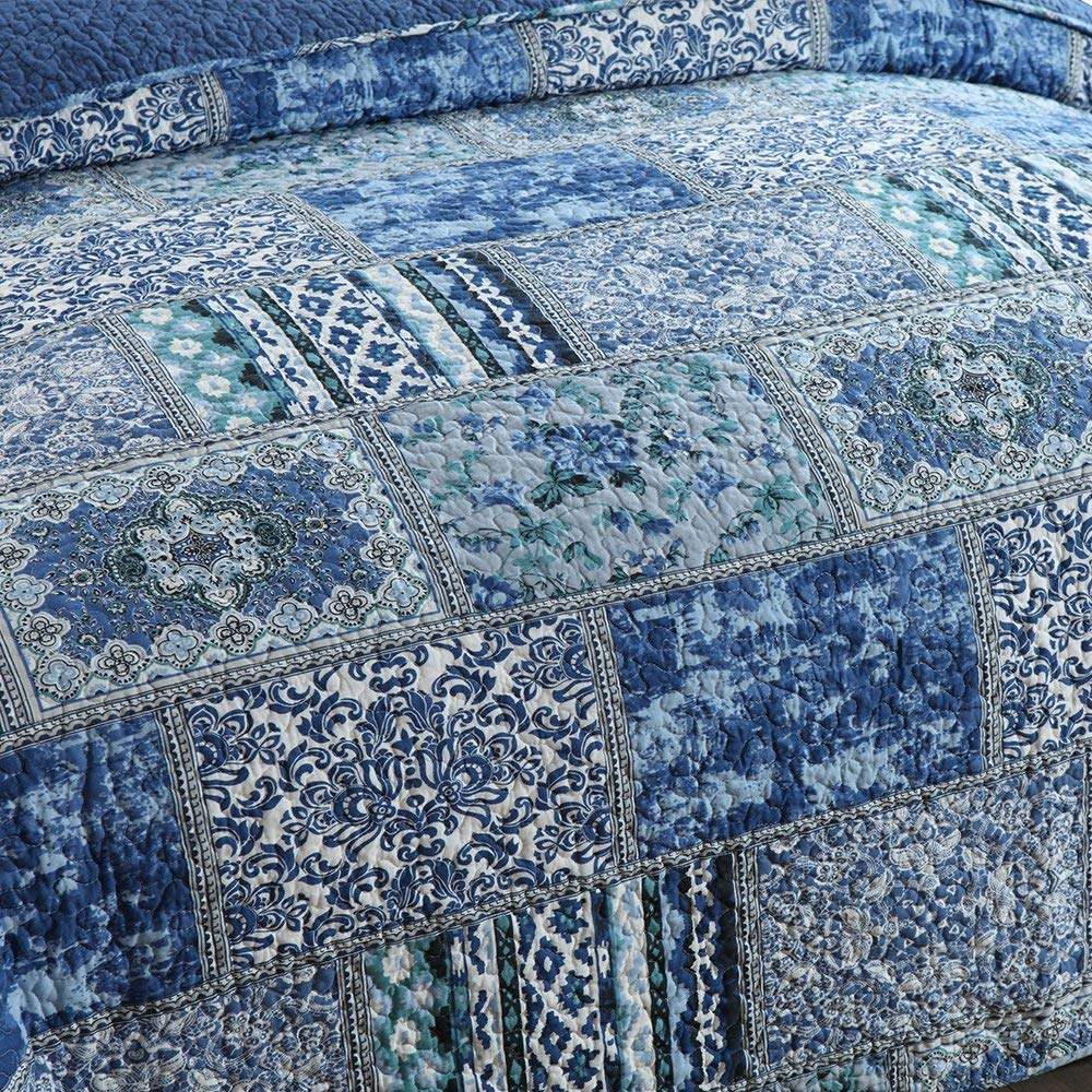 100% Cotton Bedspread Quilt Sets-Reversible Patchwork Coverlet Set in Blue Classic Bohemian Pattern - newlakedown