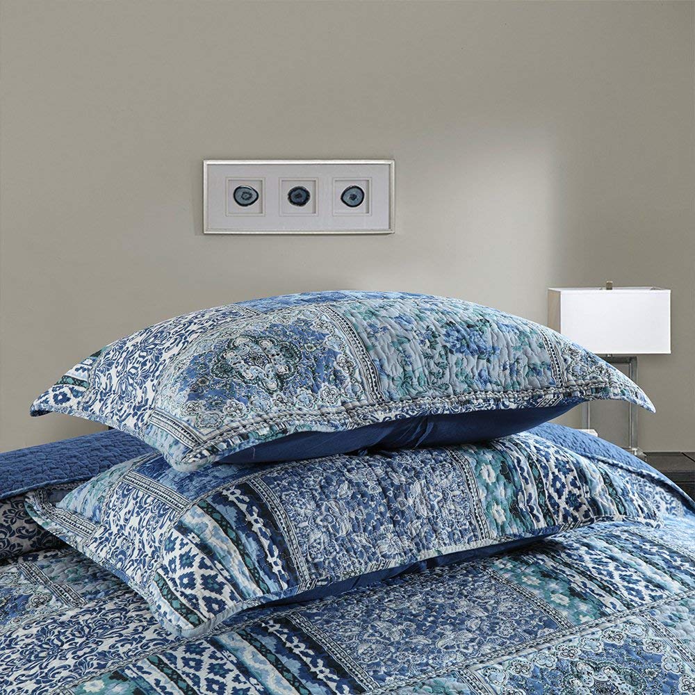 100% Cotton Bedspread Quilt Sets-Reversible Patchwork Coverlet Set in Blue Classic Bohemian Pattern - newlakedown