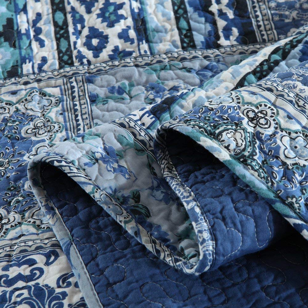 100% Cotton Bedspread Quilt Sets-Reversible Patchwork Coverlet Set in Blue Classic Bohemian Pattern - newlakedown