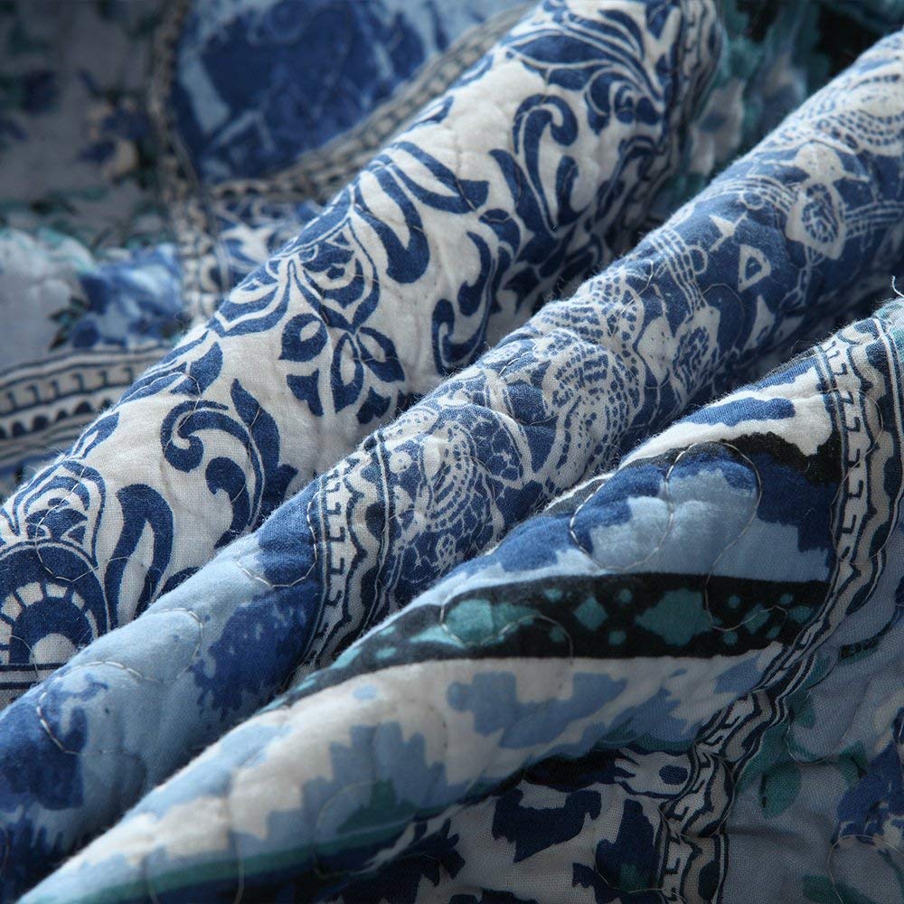 100% Cotton Bedspread Quilt Sets-Reversible Patchwork Coverlet Set in Blue Classic Bohemian Pattern - newlakedown