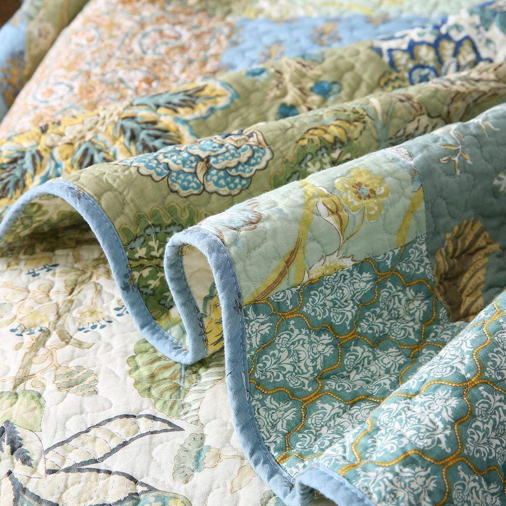 100% Cotton Bedspread Quilt Set with Real Stitched Embroidery in Bohemian Floral Pattern - newlakedown
