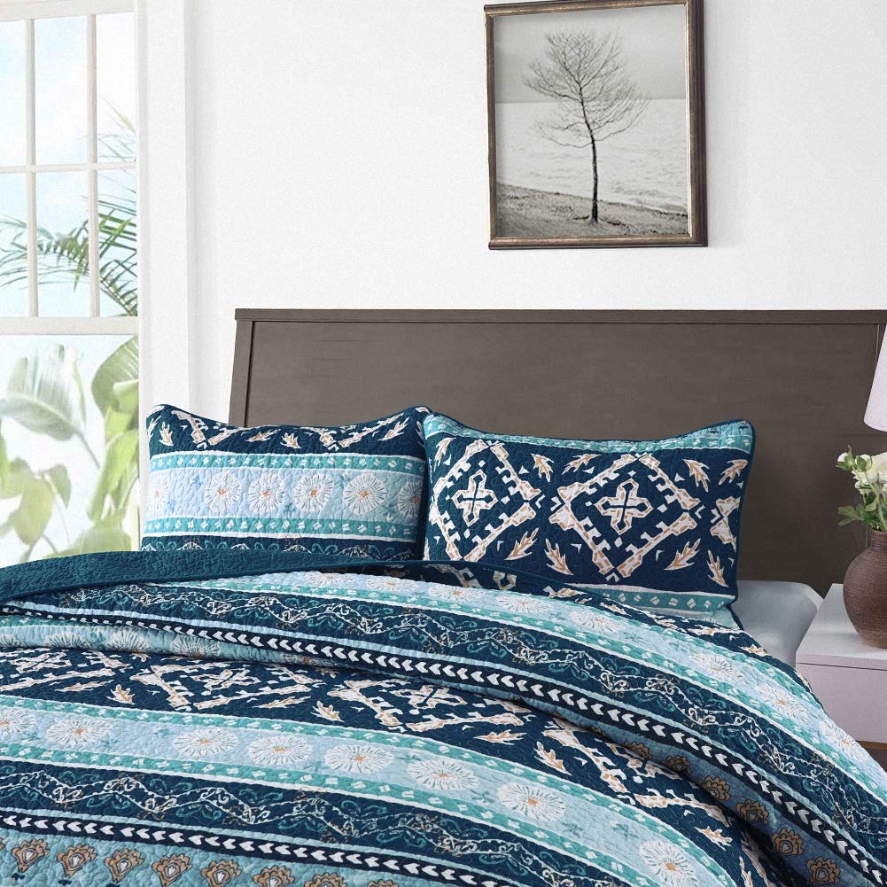 Cotton Bedspread Quilt Sets-Reversible Patchwork Coverlet Set, Boho Chic Pattern,Full Size