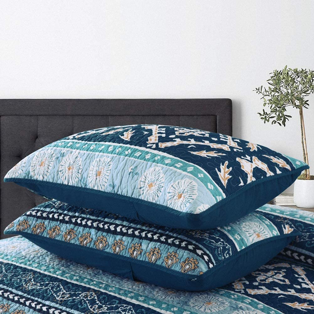 Cotton Bedspread Quilt Sets-Reversible Patchwork Coverlet Set, Boho Chic Pattern,Full Size