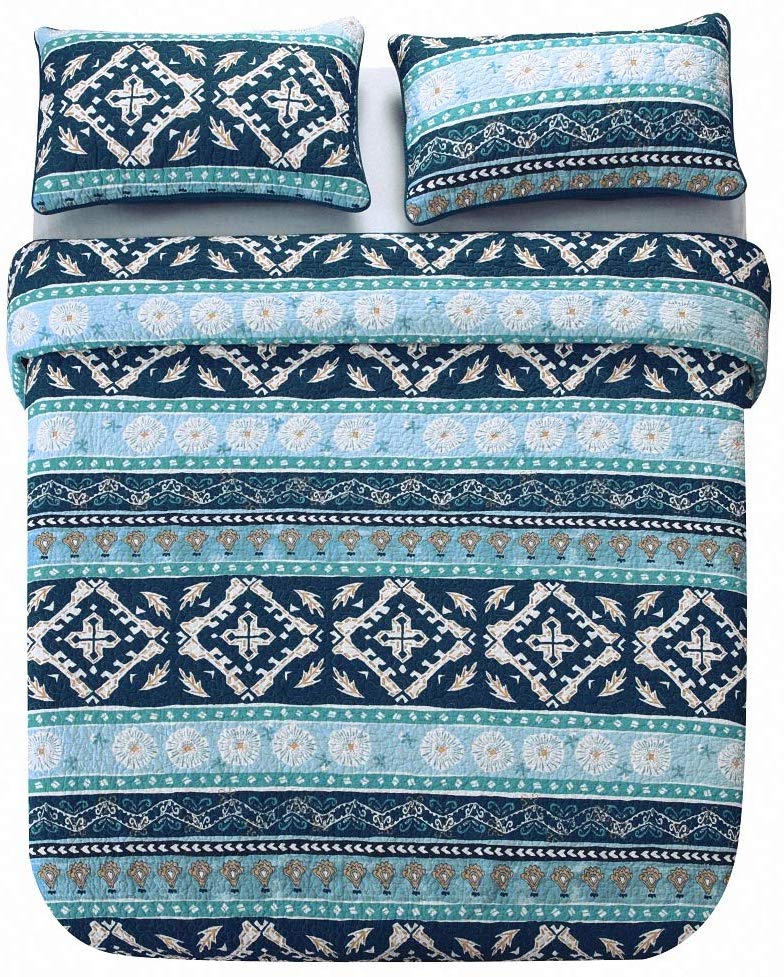 Cotton Bedspread Quilt Sets-Reversible Patchwork Coverlet Set, Boho Chic Pattern,Full Size