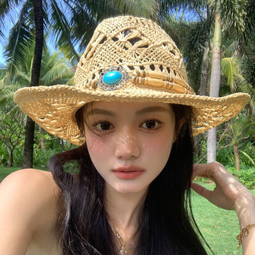 Simplitate Nouă pălărie clasică de paie de cowboy în stil occidental pentru vacanță