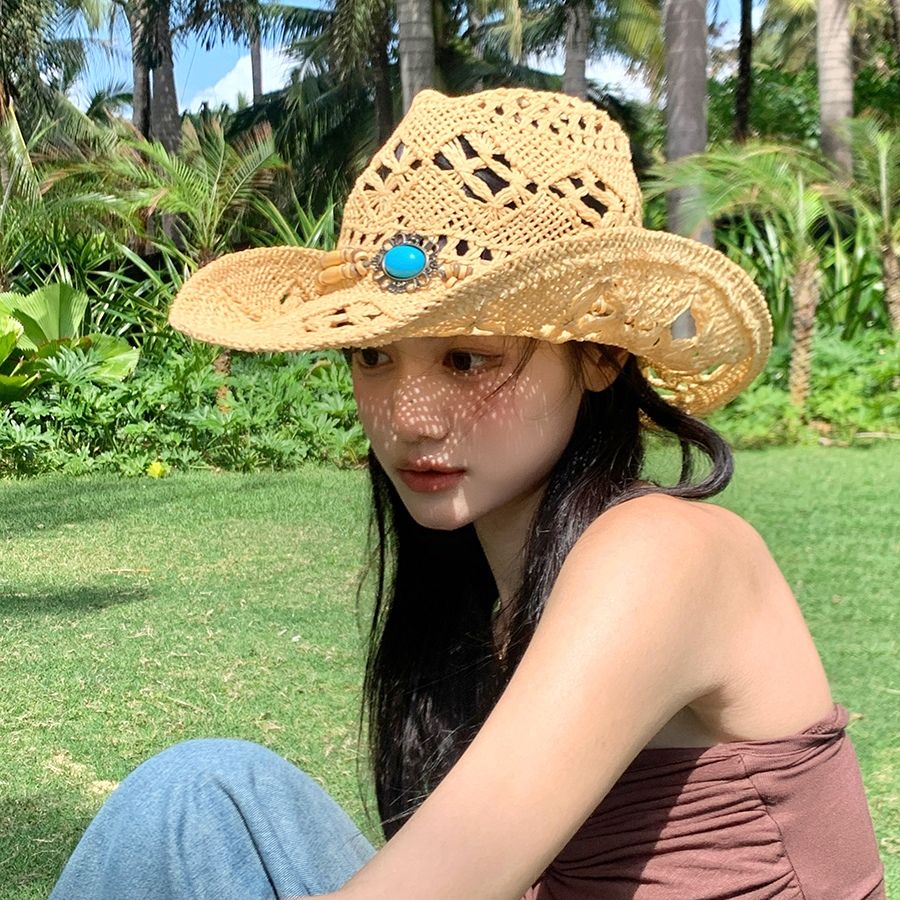 Simplitate Nouă pălărie clasică de paie de cowboy în stil occidental pentru vacanță