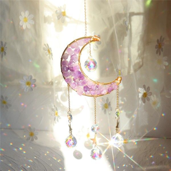 Healing Crystal Decor Healing Moon Suncatcher with Glass Prisms for Windows