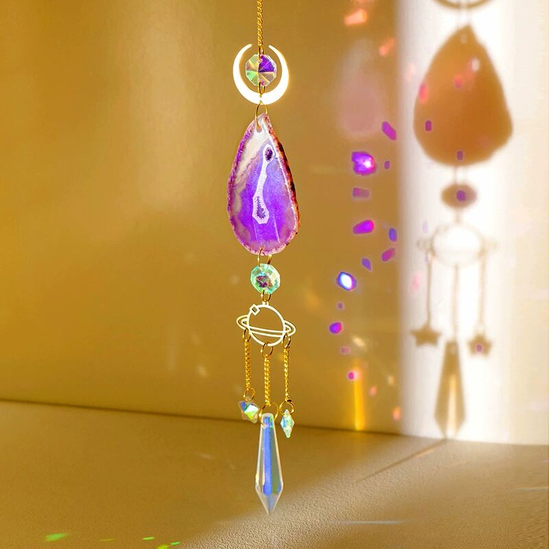 Natural Colorful Agate Piece Crystal Raw Stone Wind Chime Suncatcher Pendant