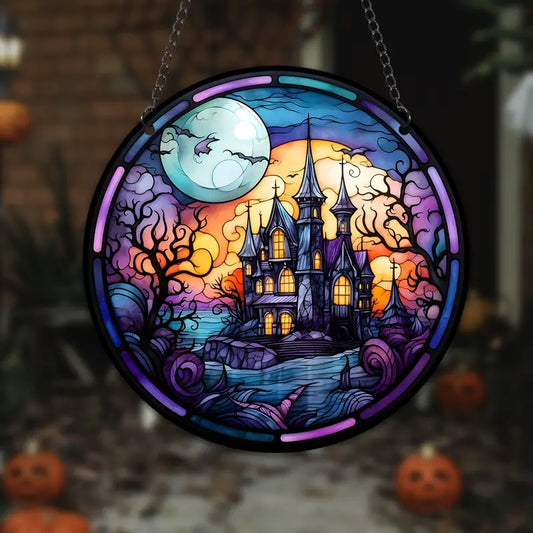 Halloween Moon Castles Stained Suncatcher Halloween Window Hanging