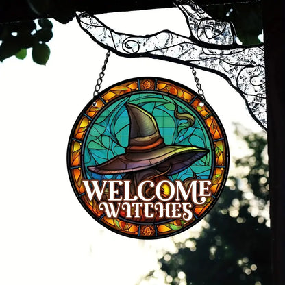 Halloween Welcome Witches Stained Window Hanging