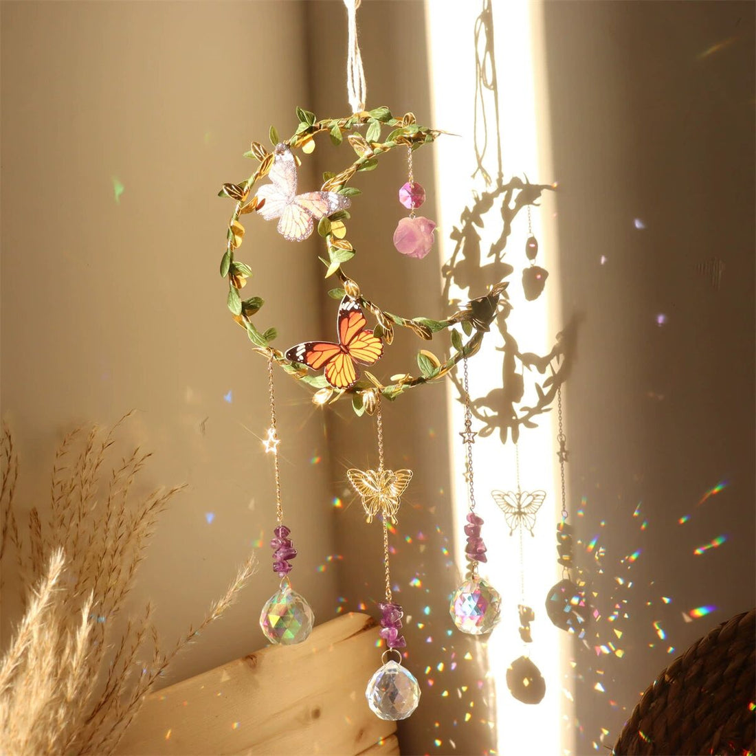 Pandantiv Suncatcher ametist clopoțel de vânt cu frunze înfășurate și fluturi