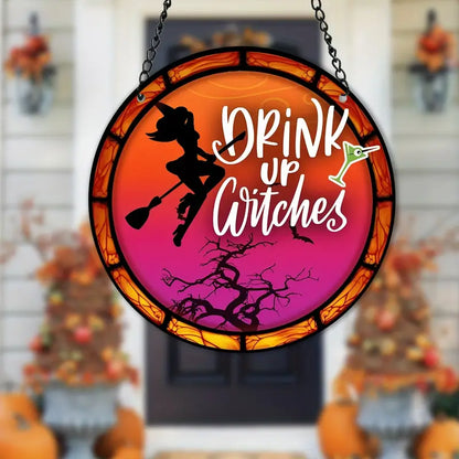 Witch Hat On Broom Stained Window Hanging