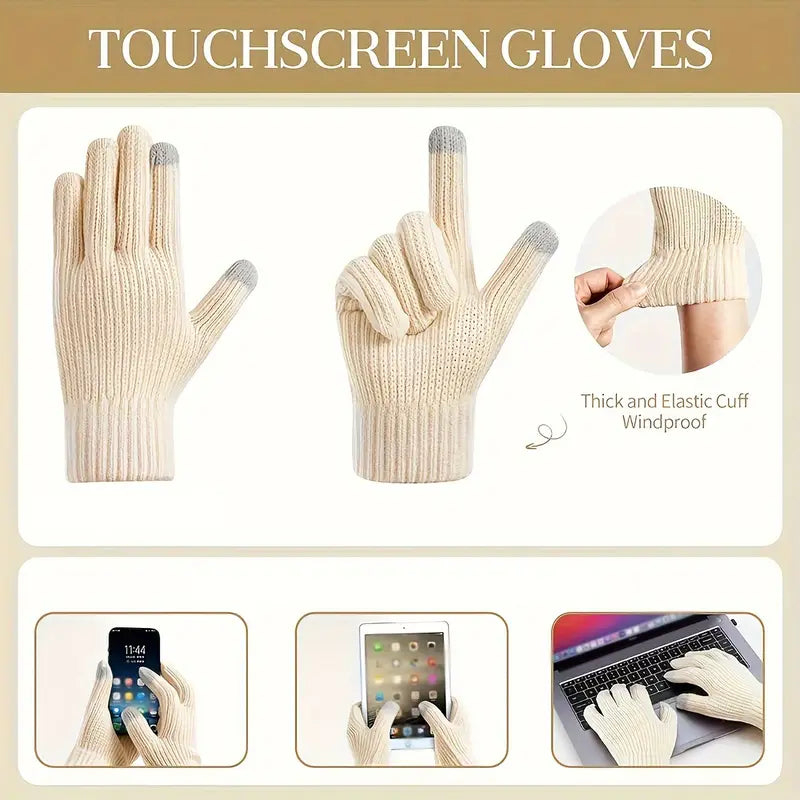 3-in-1 Bundle Thermal Women's Winter Knit Set, No-Fur Beanie, Long Scarf, And Touchscreen Gloves For Cold Weather
