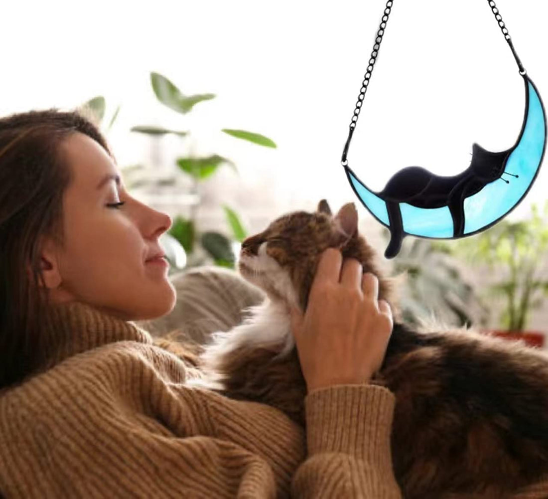 Vitraliu Moon Cat Acrilic Fereastră agățată Cadou memorial