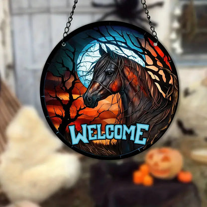 Halloween Welcome Horse Decor Stained Window Hanging