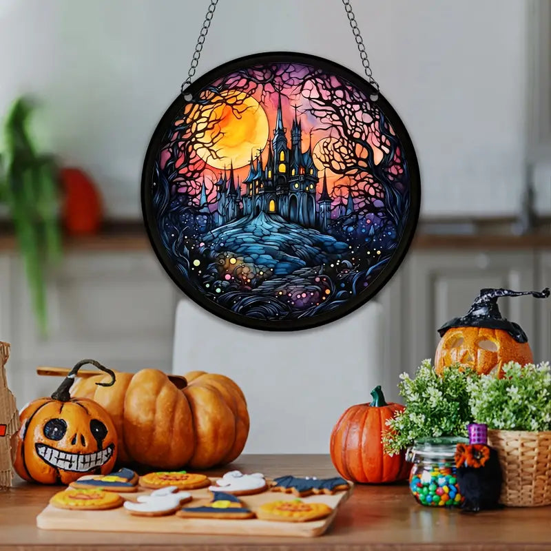 Halloween Moon Castele Stained Suncatcher Halloween Fereastră Atârnat 