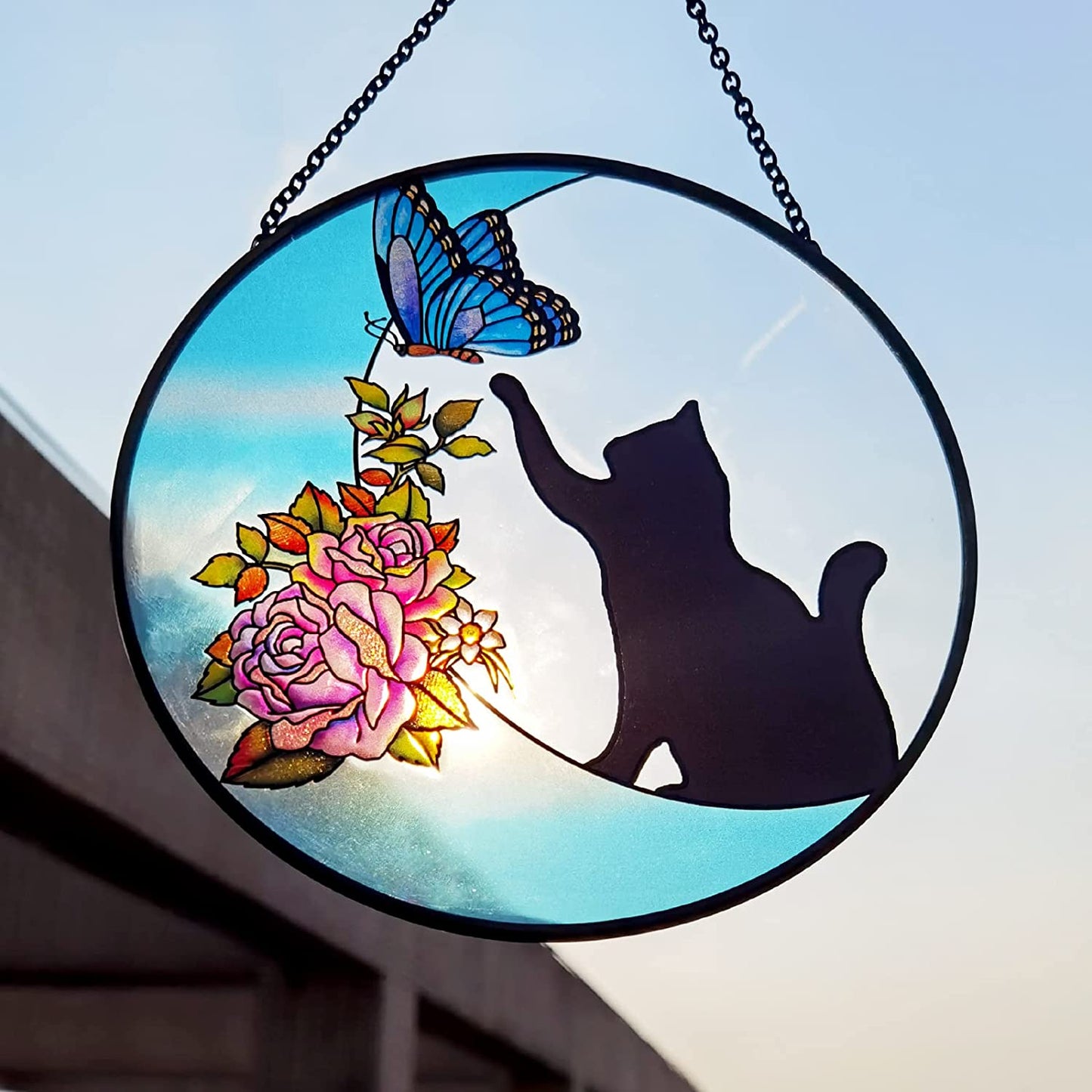 Cat and Moon Stained Glass Suncatchers