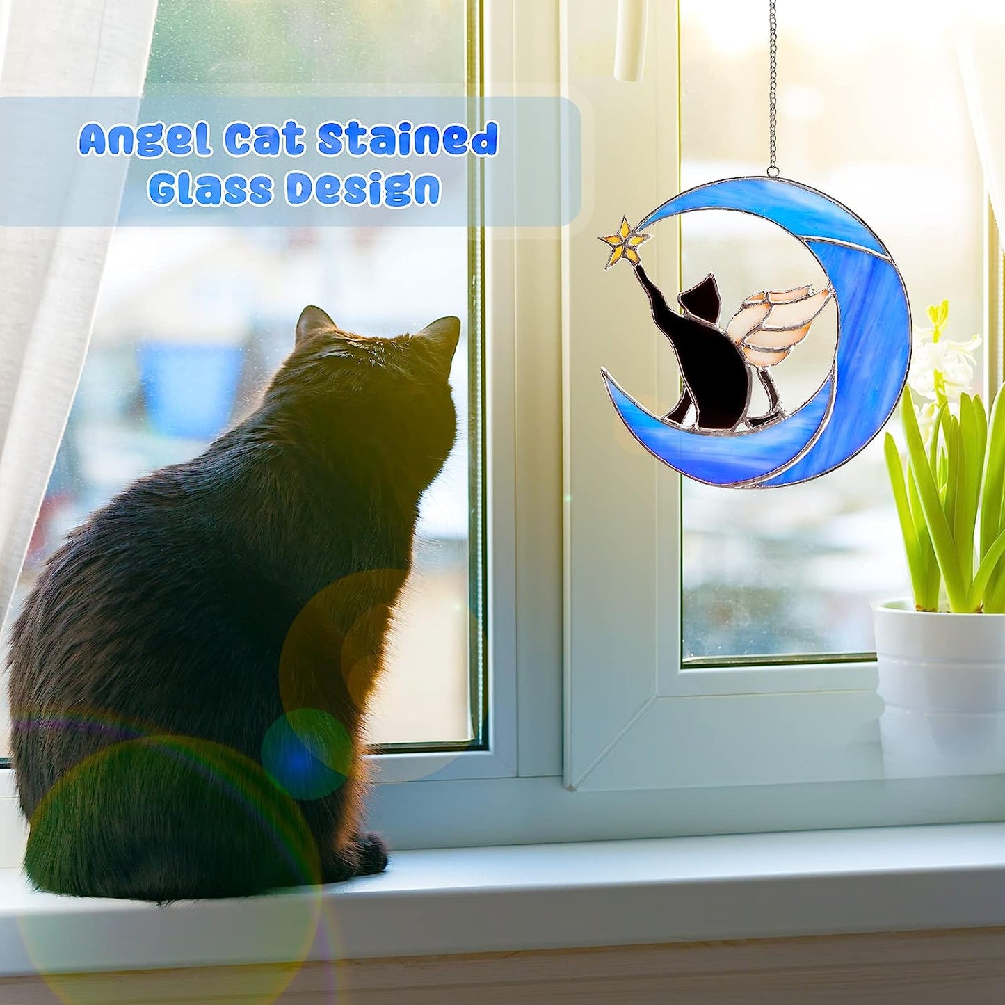 Cat and Moon Stained Glass Suncatchers