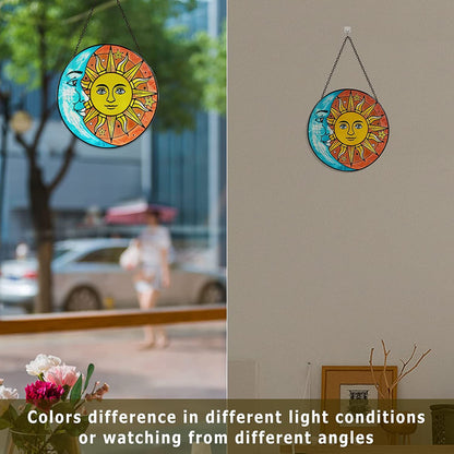 Sun Moon Star Face Tiffany Style Stained Glass Window Panel