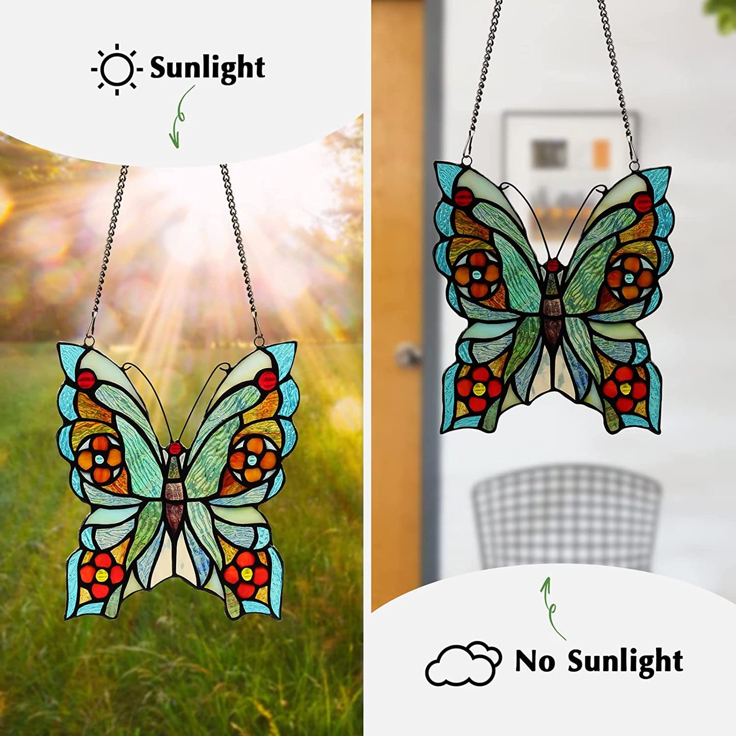 Butterfly&Rooster Stained Glass Window Hanging Suncatcher