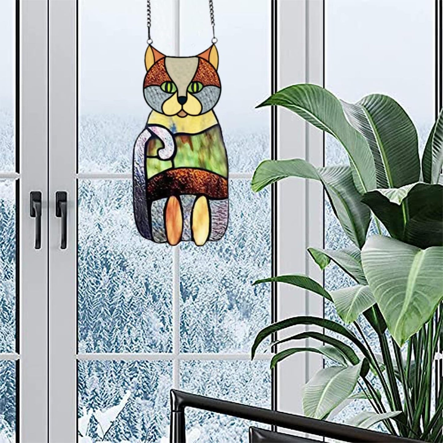 Crazy Cat Decoration Pendant Stained Glass Window Hanging Ornament Colorful Cat Ornaments Halloween Decoration