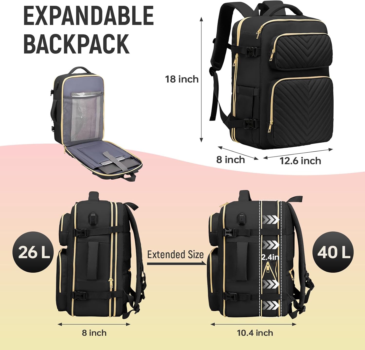 Travel Backpack for Women Men, Flight Approved Carry on Backpack, Large Expandable Suitcase Backpack, 17.3 Inch Laptop Backpack with USB Charging Port