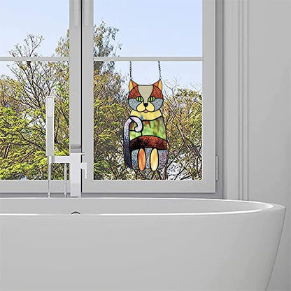 Crazy Cat Decoration Pendant Stained Glass Window Hanging Ornament Colorful Cat Ornaments Halloween Decoration