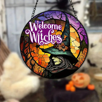 Halloween Welcome Witches Stained Window Hanging