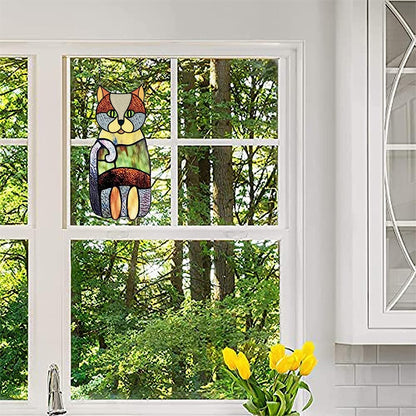 Crazy Cat Decoration Pendant Stained Glass Window Hanging Ornament Colorful Cat Ornaments Halloween Decoration