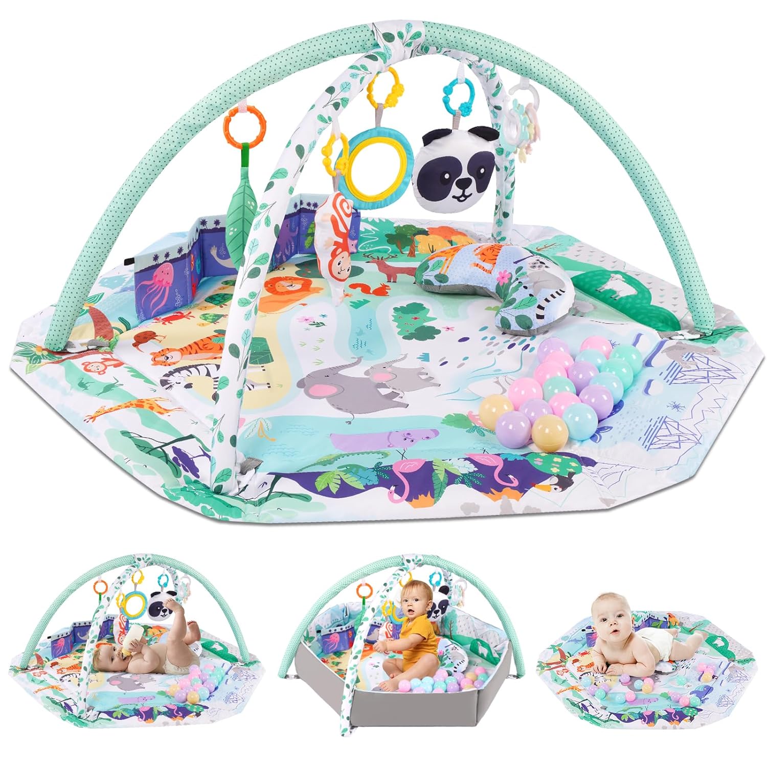 5-in-1 Baby Play Gym Mat, Tummy Time Activity Mat, with 8 Detachable Toys for Newborn Stage-Based Sensory and Motor Skill Development
