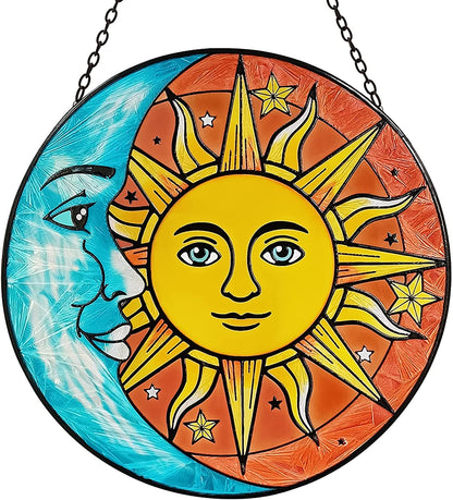 Sun Moon Star Face Tiffany Style Stained Glass Window Panel