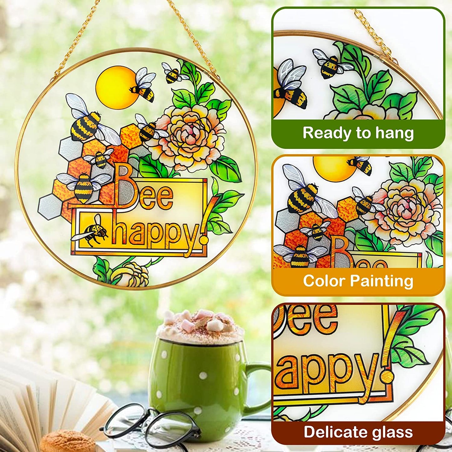 Stained Glass Bee on Honeycomb Suncatcher Hanging Decor Gift for Mom