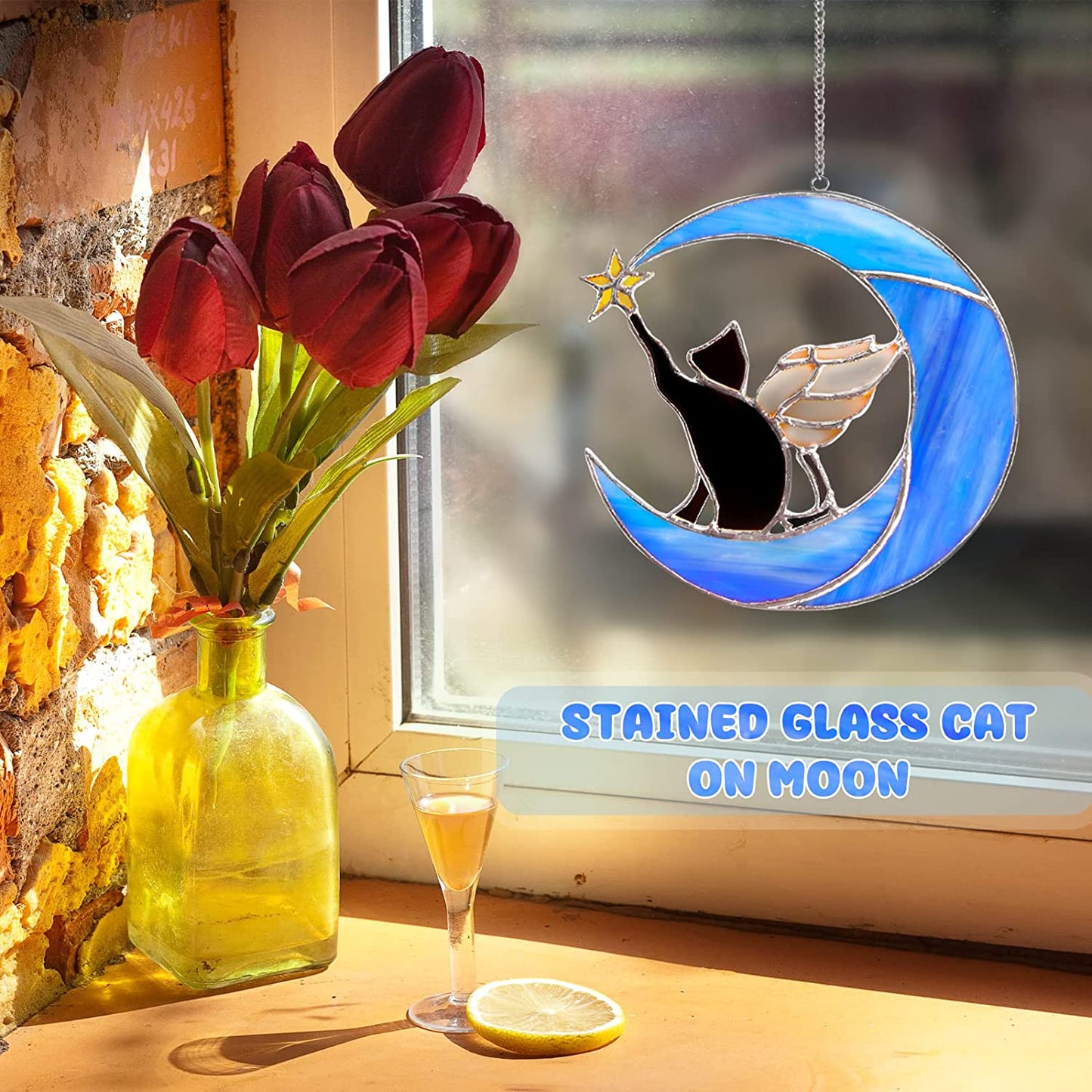 Cat and Moon Stained Glass Suncatchers