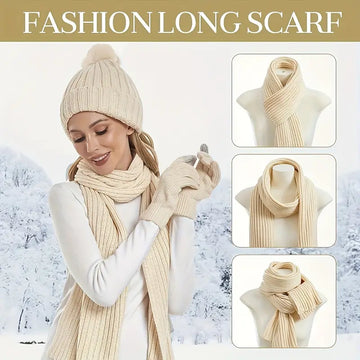 3-in-1 Bundle Thermal Women's Winter Knit Set, No-Fur Beanie, Long Scarf, And Touchscreen Gloves For Cold Weather