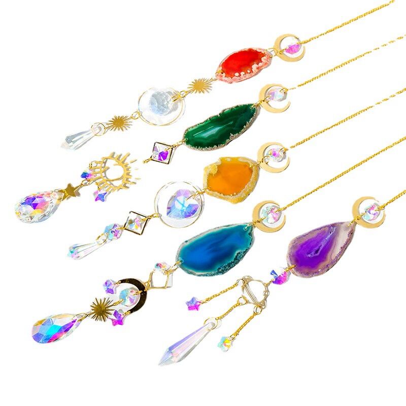 Natural Colorful Agate Piece Crystal Raw Stone Wind Chime Suncatcher Pendant