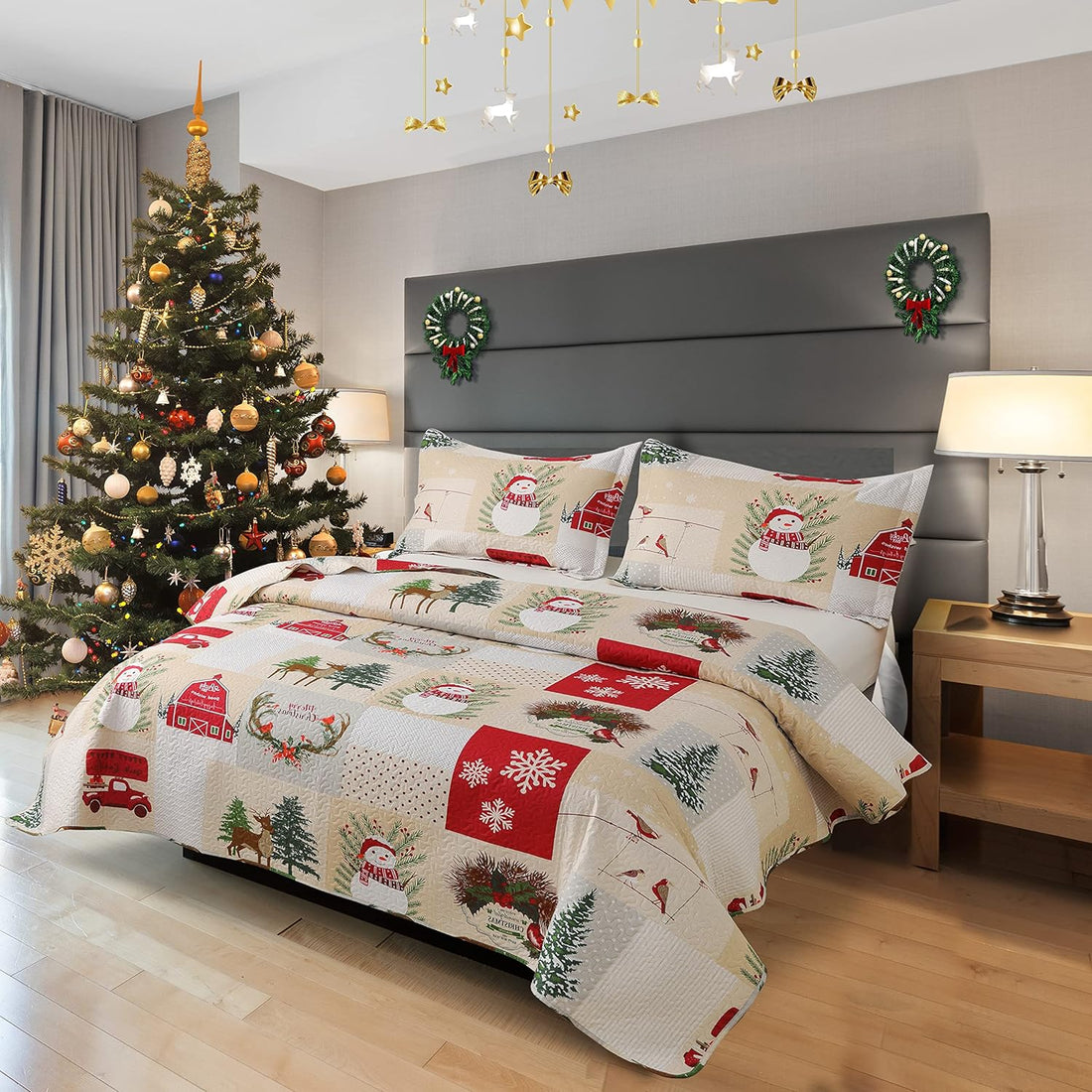 Set cuvertură de Crăciun, dimensiune completă/queen size, cuvertură de pat de Crăciun, 3 piese, cuvertură reversibilă, design cu om de zăpadă pentru decorarea paturilor de Anul Nou