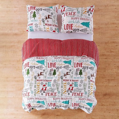 Merry & Bright Collecion - Santa Claus Lane Quilt Set 3 Pieces Quilt Set Coverlet with 2 Pillowcases