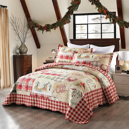 3 Piece Christmas Quilt Set, Rustic Lodge Deer Quilt Bedspread Throw Blanket Lightweight Bedspread Coverlet Comforter Set