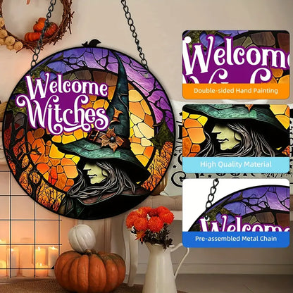 Halloween Welcome Witches Stained Window Hanging