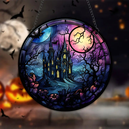 Halloween Moon Castles Stained Suncatcher Halloween Window Hanging