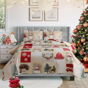 Set cuvertură de Crăciun, dimensiune completă/queen size, cuvertură de pat de Crăciun, 3 piese, cuvertură reversibilă, design cu om de zăpadă pentru decorarea paturilor de Anul Nou