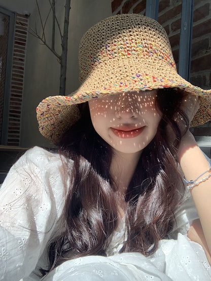 Summer Hollow Sun Hat Colorful Vacation Style Wide Brim Preparation Straw Hat